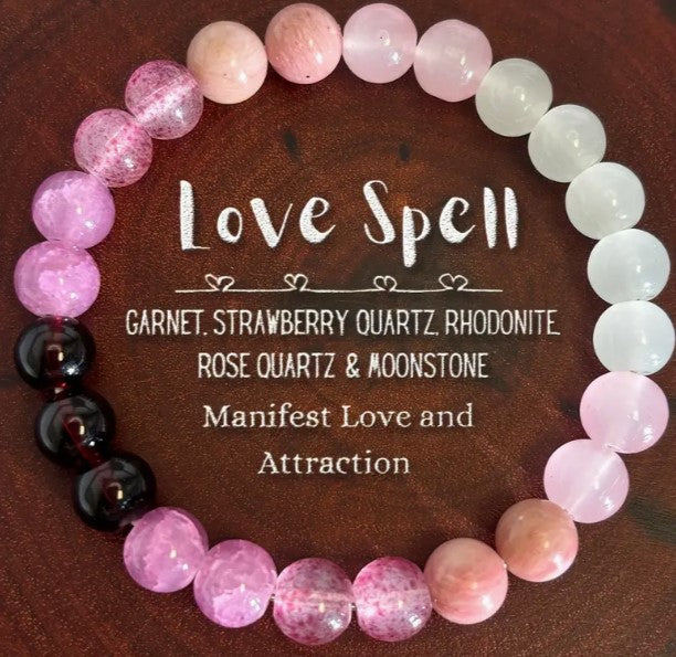 TRIPLE LOVE ENERGY BRACELET 8 mm - GARNET,ROSE AND STRAWBERRY QUARTZ, MOONSTONE & RHODONITE