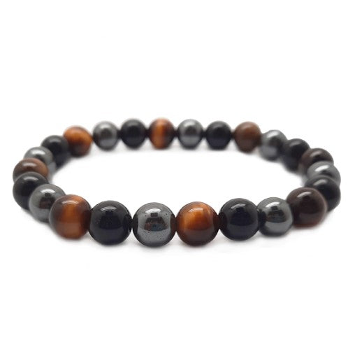 TRIPLE PROTECTION ENERGY BRACELET 8 mm - TIGER EYE, HEMATITE & OBSIDIAN
