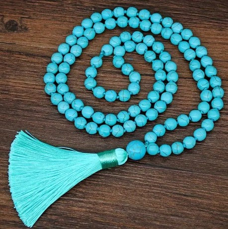 TURQUOISE HOWLITE MALA BEADS WITH TASSEL - GOOD FORTUNE