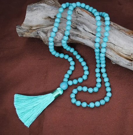 TURQUOISE HOWLITE MALA BEADS WITH TASSEL - GOOD FORTUNE