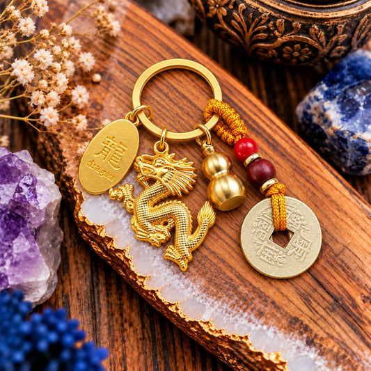 Chinese Dragon Prosperity Keychain close-up – Wildlings Crystals