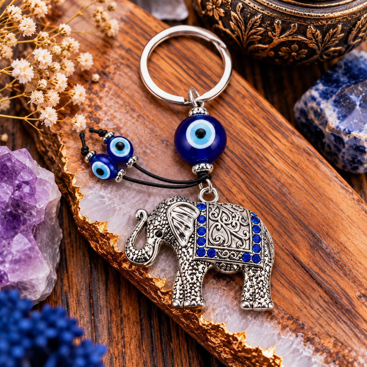 Turkish Evil Eye Elephant Keychain - Wildlings Crystals South Africa