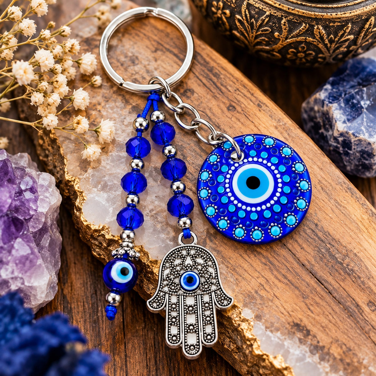 Hamsa Hand Evil Eye Glass Medallion Keychain - Wildlings Crystals South Africa