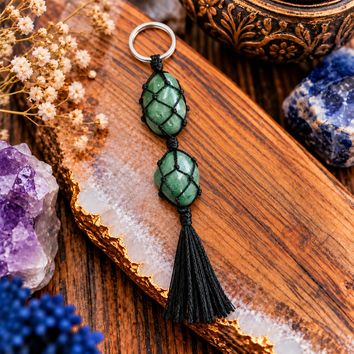 GREEN AVENTURINE MACRAME KEYCHAIN