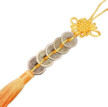 FIVE HANGING CHINESE KNOT & LUCKY COINS YELLOW