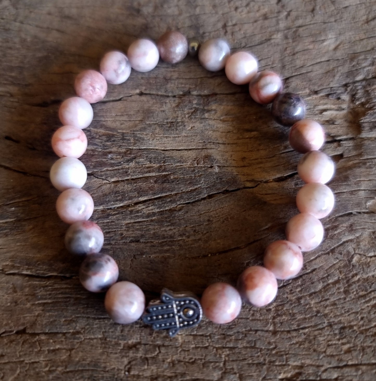 PINK ZEBRA JASPER ENERGY HAMSA HAND BRACELET 8 mm - COURAGE