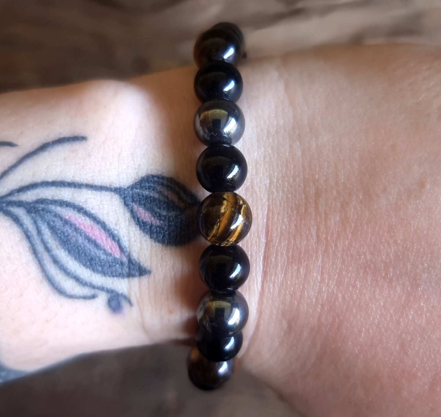 TRIPLE PROTECTION ENERGY BRACELET 8 mm - TIGER EYE, HEMATITE & OBSIDIAN