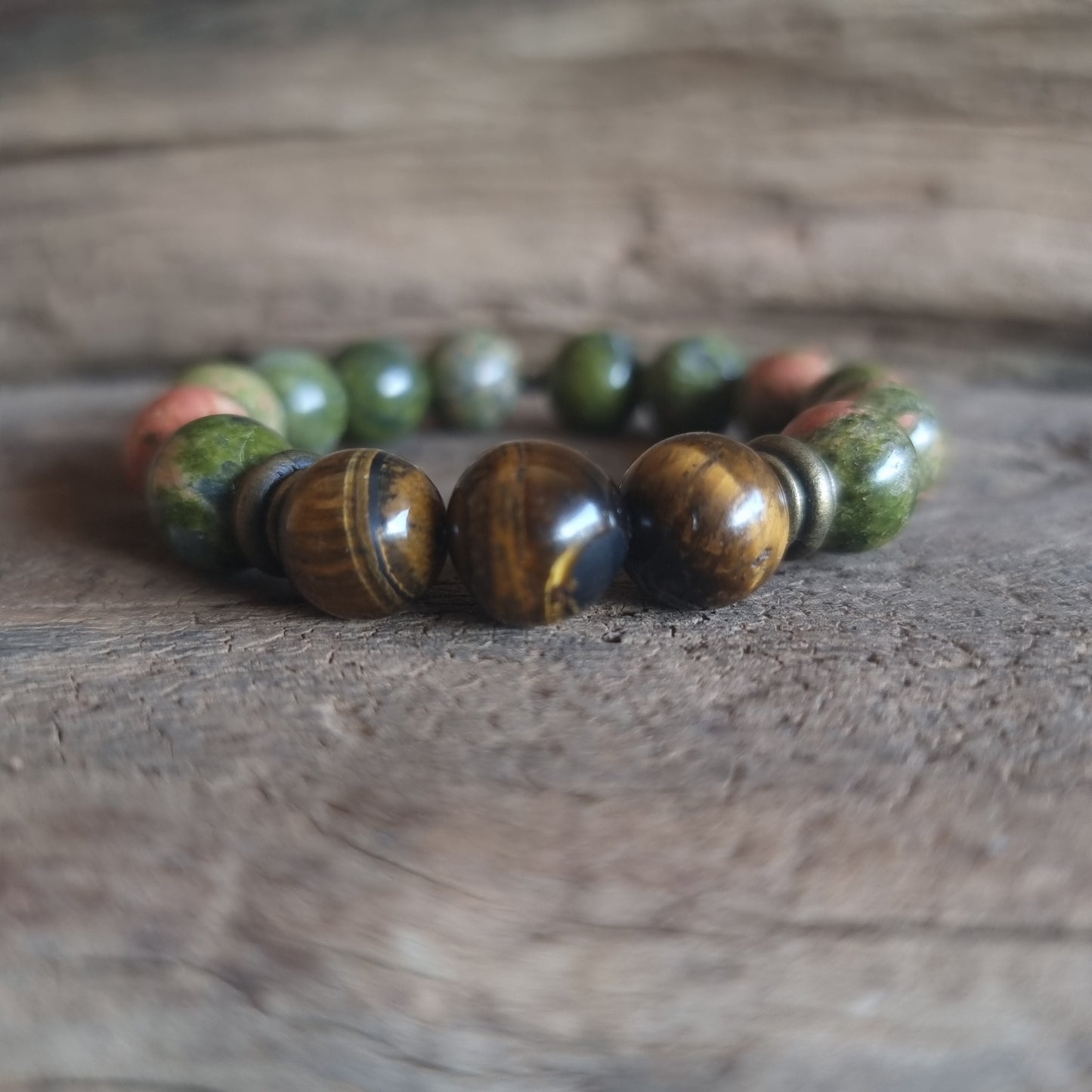 TIGER EYE & UNAKITE JASPER DUO ENERGY BRACELET 12 mm - NEW BEGINNINGS