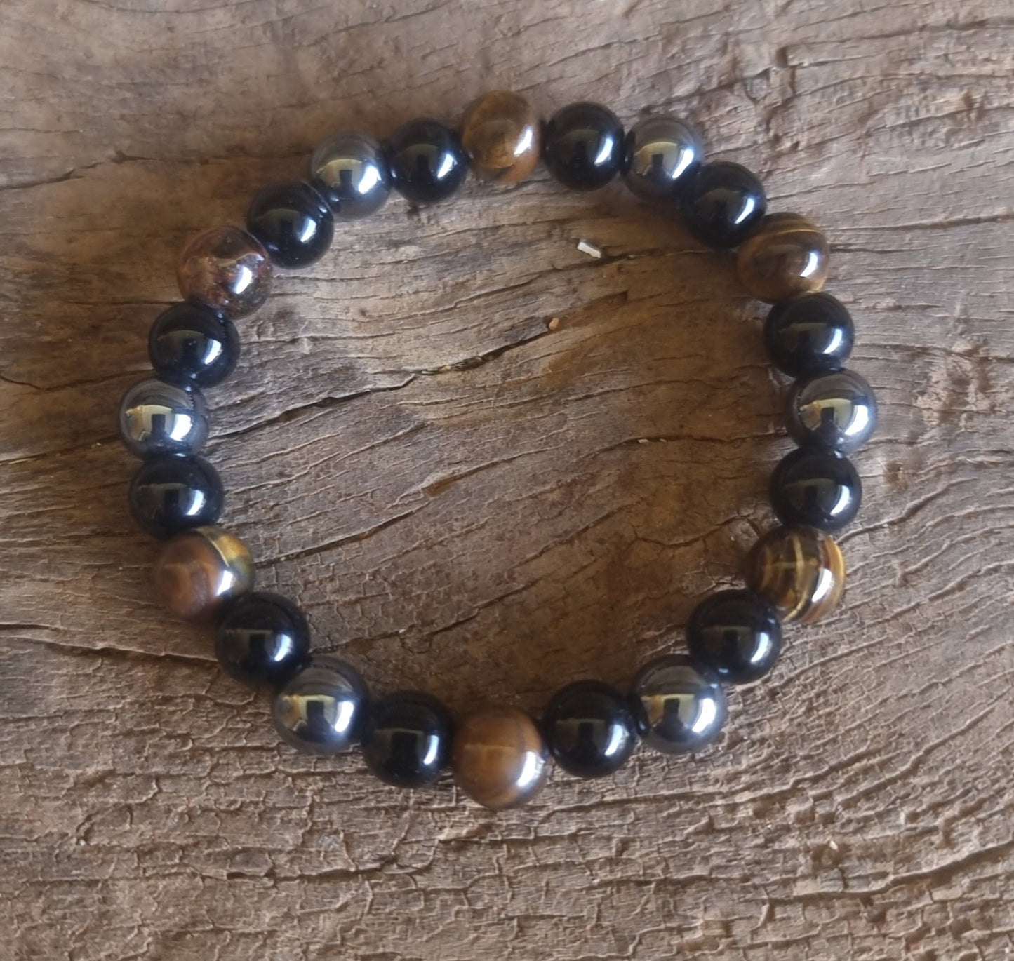 TRIPLE PROTECTION ENERGY BRACELET 8 mm - TIGER EYE, HEMATITE & OBSIDIAN