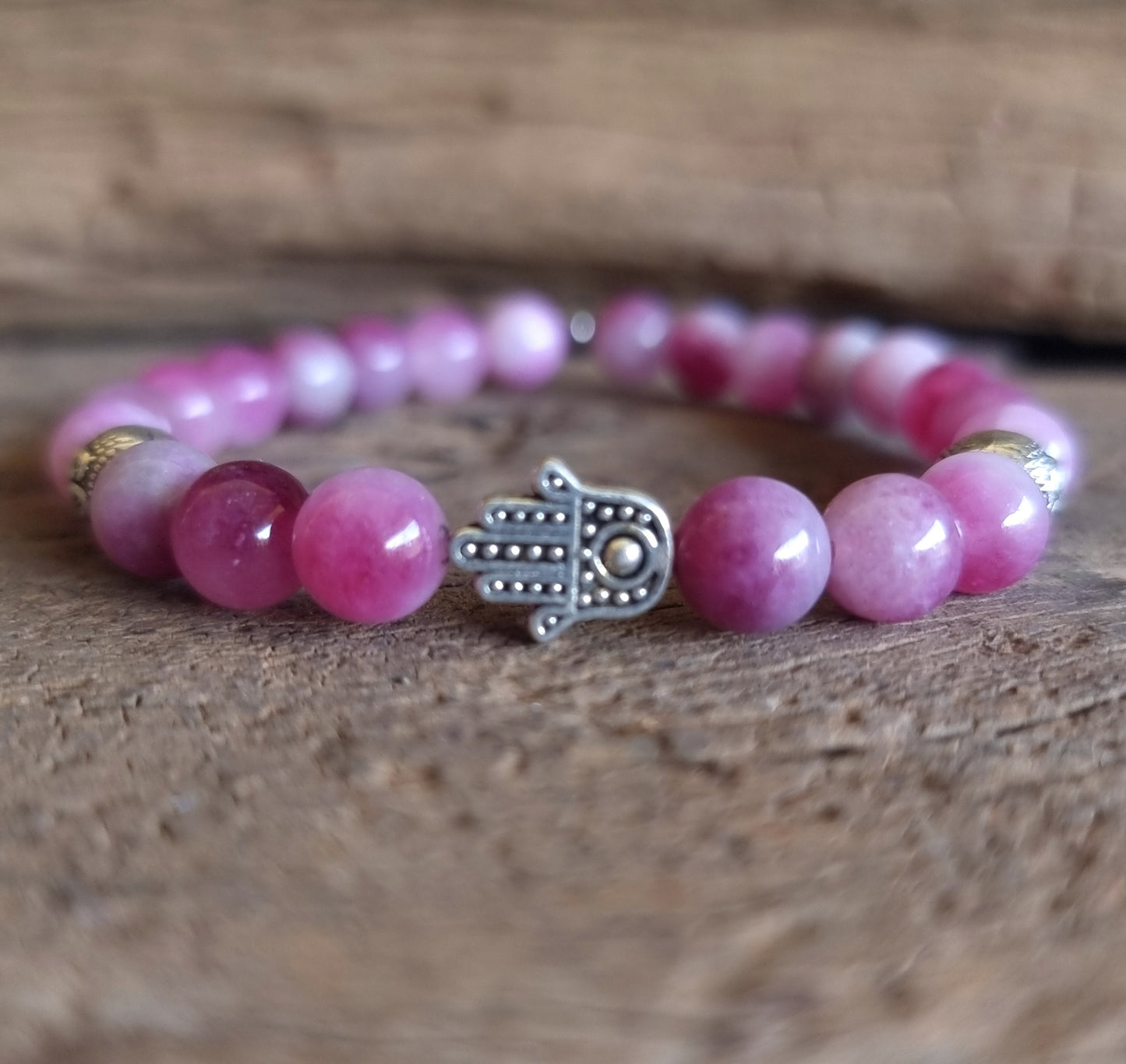 PLUM BLOSSOM TOURMALINE HAMSA HAND BRACELET 8 mm - PROTECTION