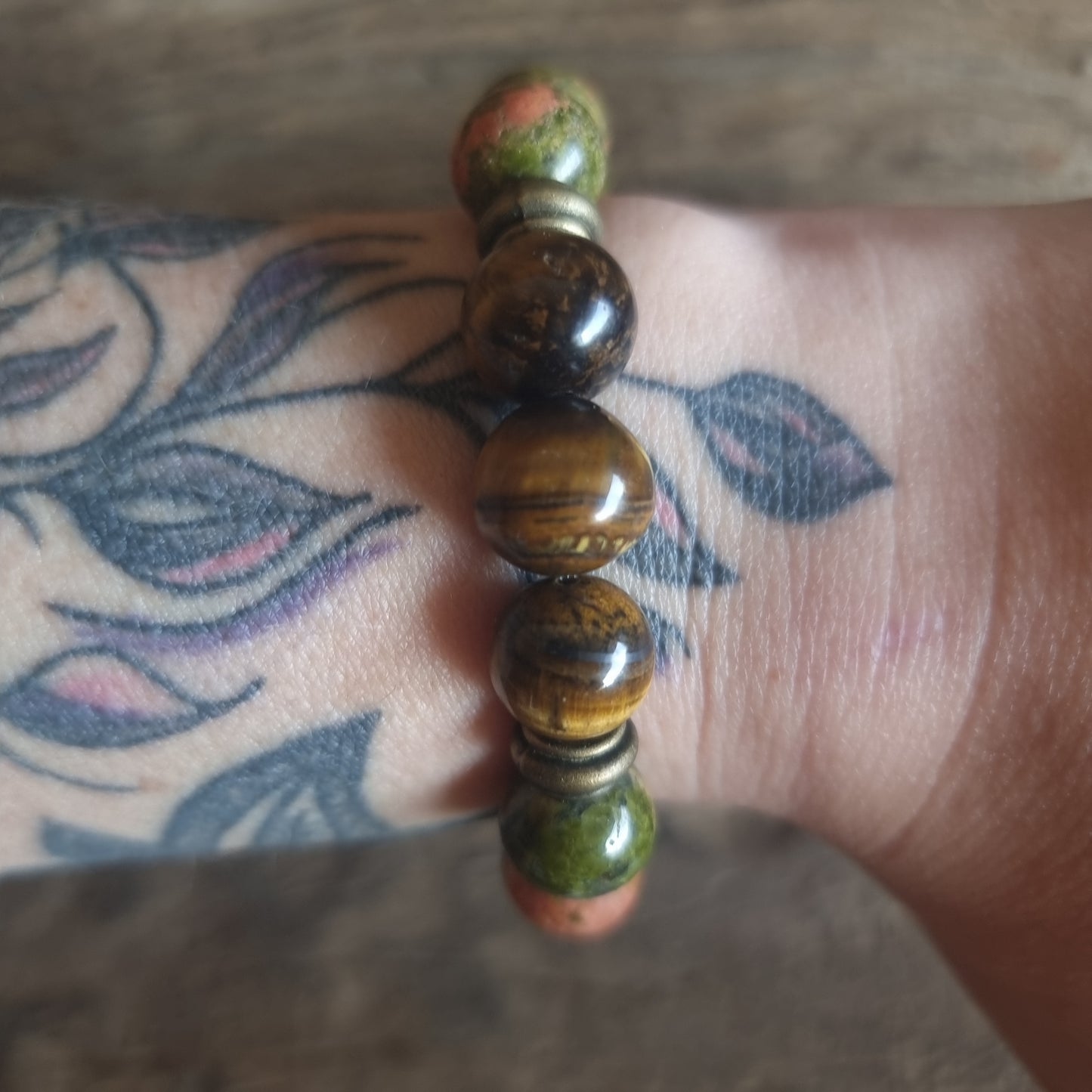 TIGER EYE & UNAKITE JASPER DUO ENERGY BRACELET 12 mm - NEW BEGINNINGS