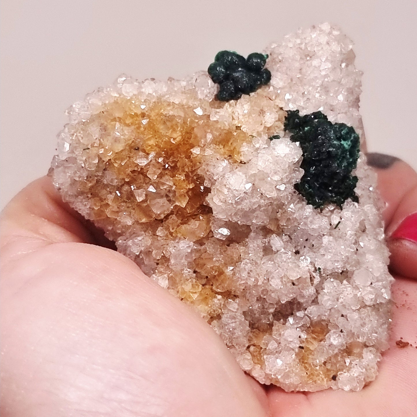 RARE BALL MALACHITE ON DRUZY QUARTZ 64 g