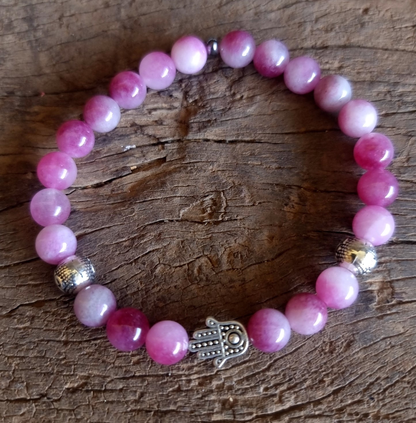 PLUM BLOSSOM TOURMALINE HAMSA HAND BRACELET 8 mm - PROTECTION