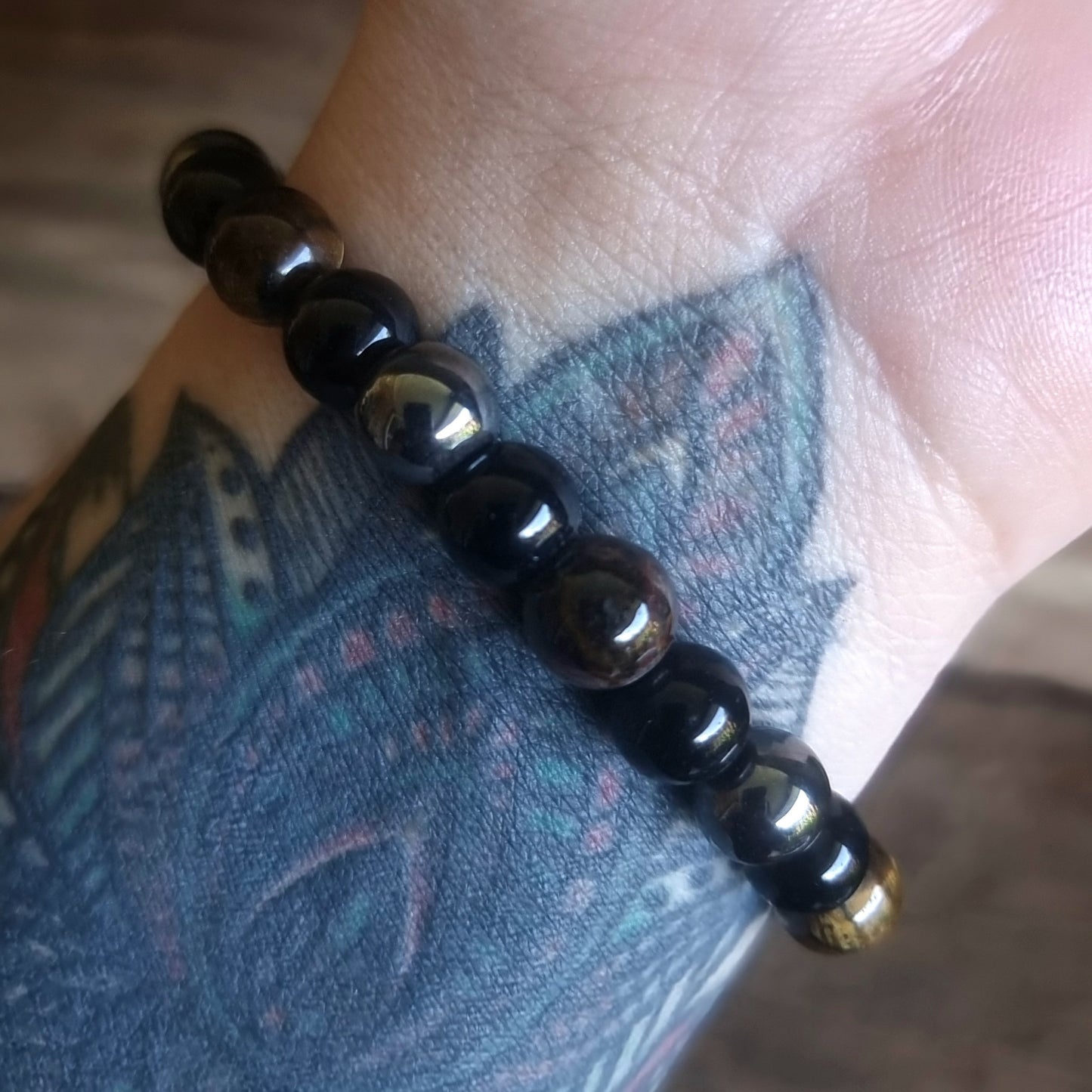 TRIPLE PROTECTION ENERGY BRACELET 8 mm - TIGER EYE, HEMATITE & OBSIDIAN