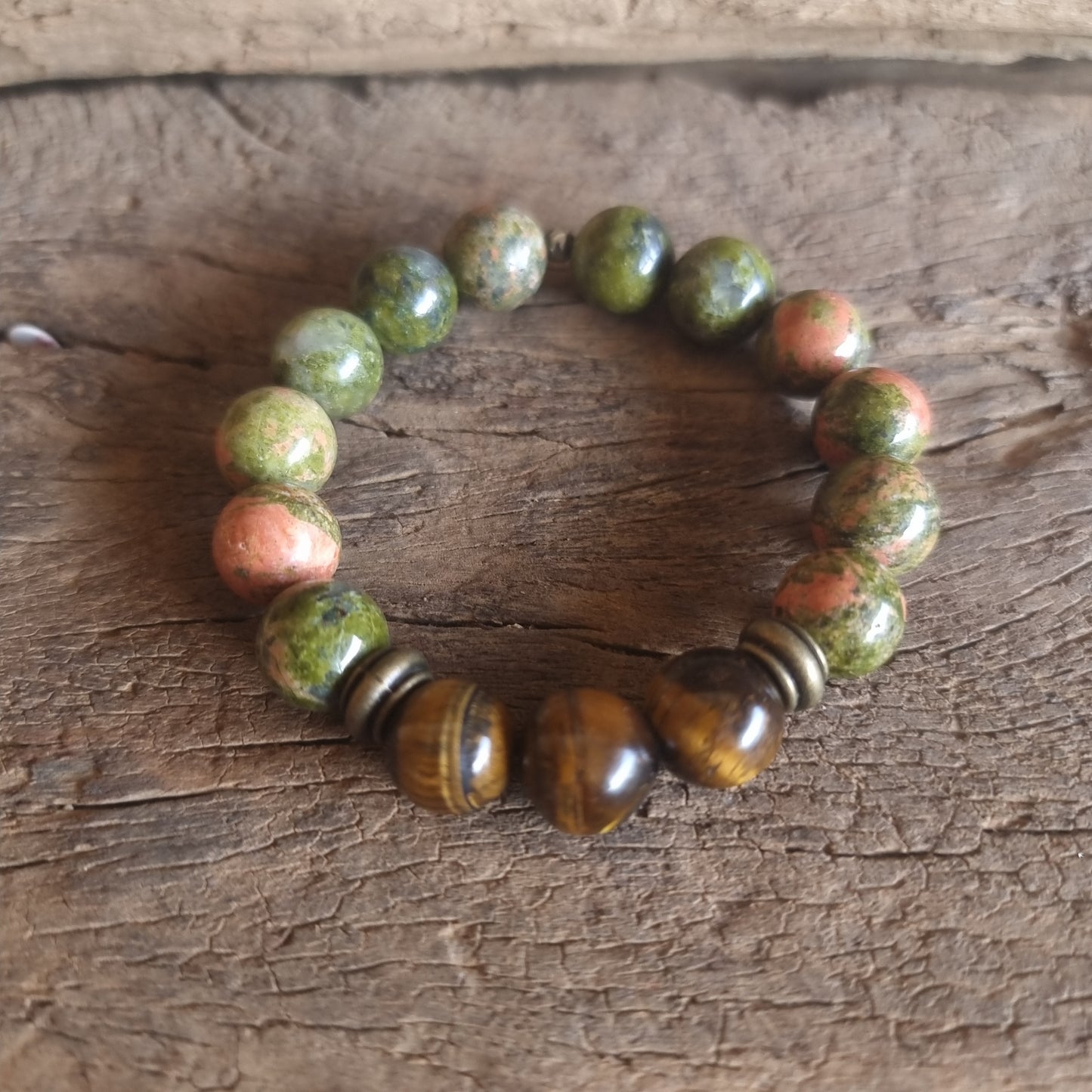 TIGER EYE & UNAKITE JASPER DUO ENERGY BRACELET 12 mm - NEW BEGINNINGS
