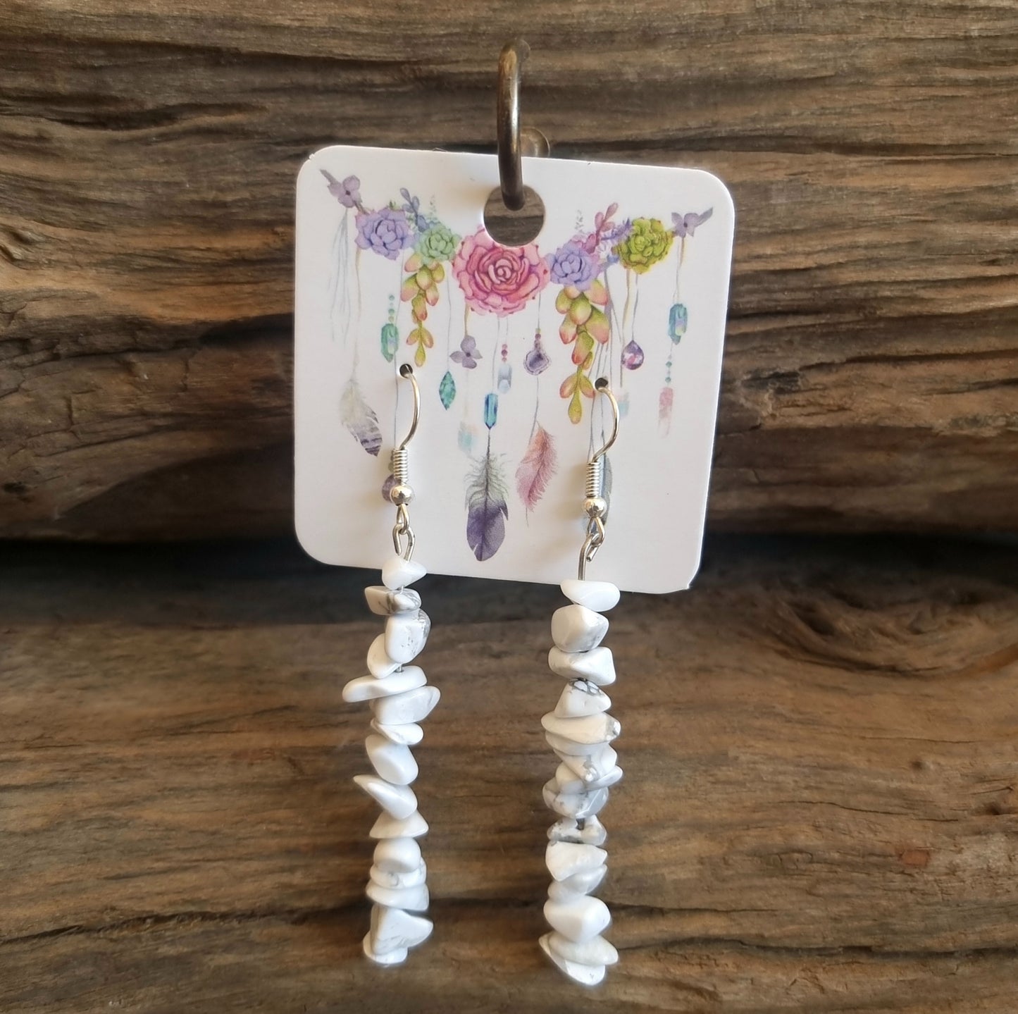 WHITE HOWLITE CHIPPED EARRINGS 7cm - THE CALMING STONE