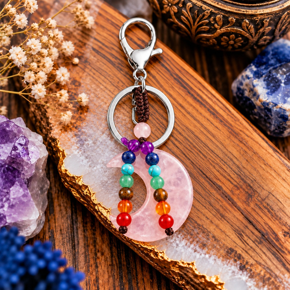 Rose Quartz crescent moon keychain display