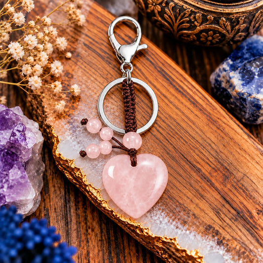 Rose Quartz polished heart keychain display