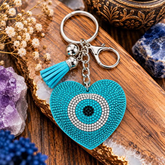 Light Blue Heart Evil Eye Protection Keychain - Wildlings Crystals South Africa