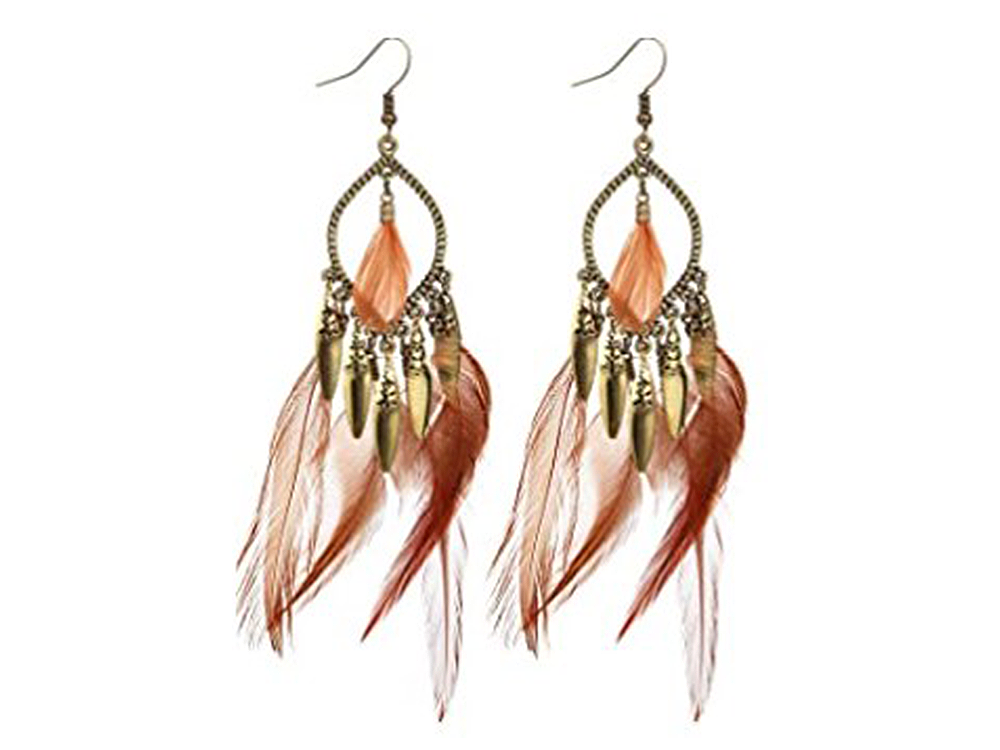 BOHEMIAN BROWN & ORANGE FEATHERED EARRINGS