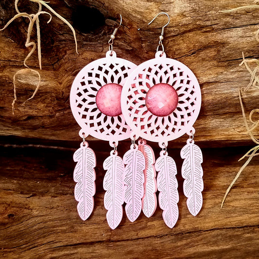 DREAMCATCHER PINK WOODEN EARRINGS