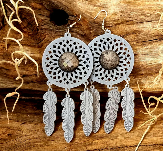 DREAMCATCHER GREY WOODEN EARRINGS