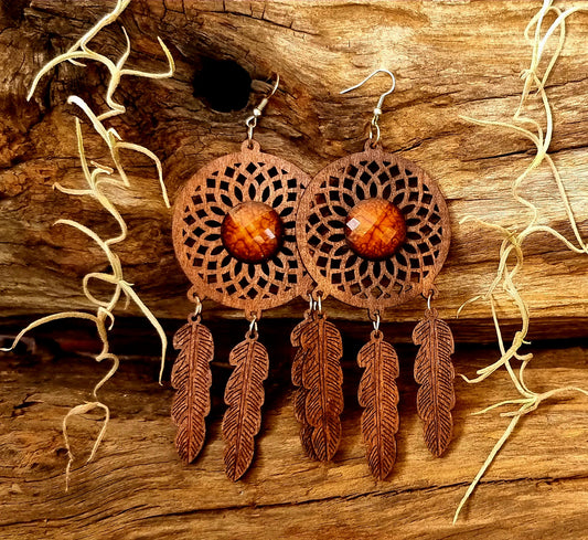 DREAMCATCHER BROWN WOODEN EARRINGS