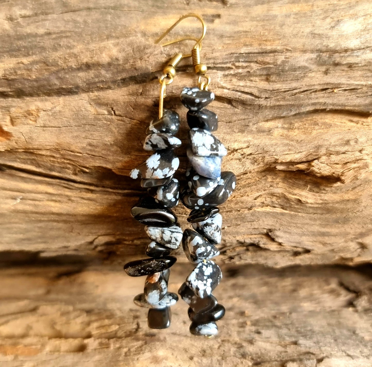 SNOWFLAKE OBSIDIAN CHIPPED EARRINGS 7cm - GRIEVING STONE