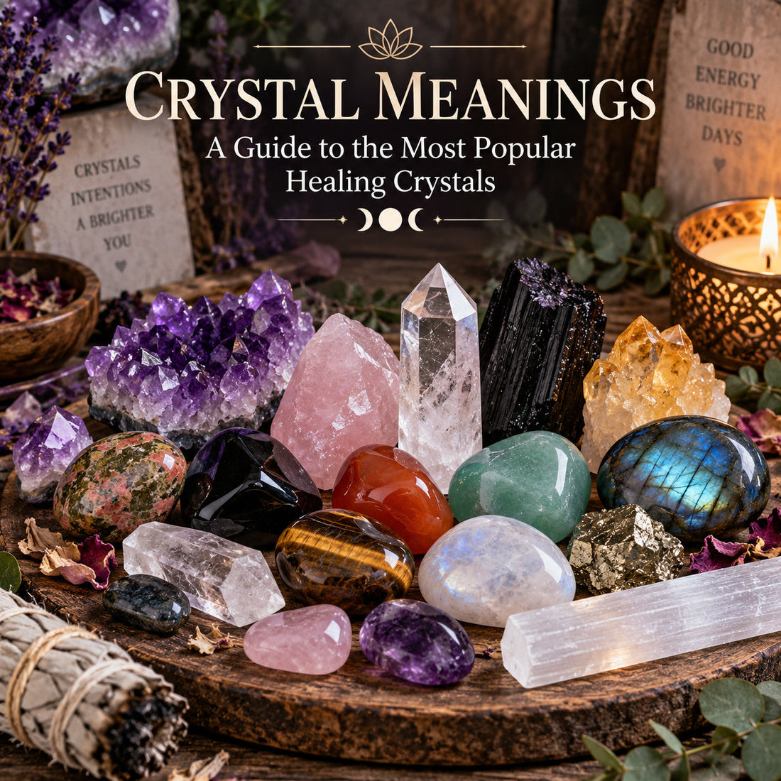 Popular healing crystal meanings guide with Amethyst and Rose Quartz