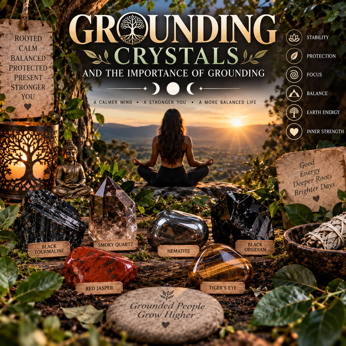 Grounding crystals including Black Tourmaline, Smoky Quartz and Hematite