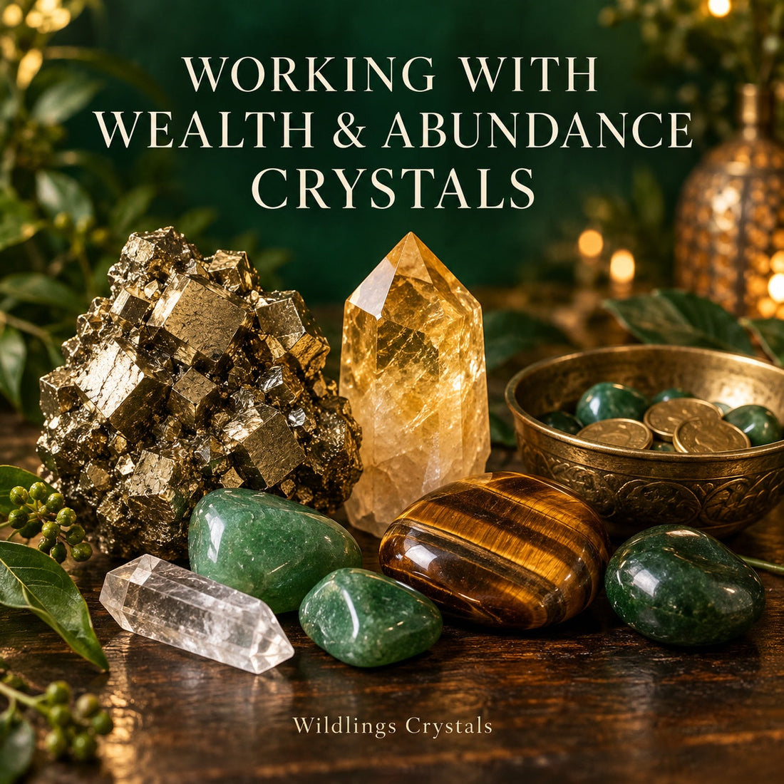 Crystals for wealth and abundance including Citrine, Pyrite and Green Aventurine