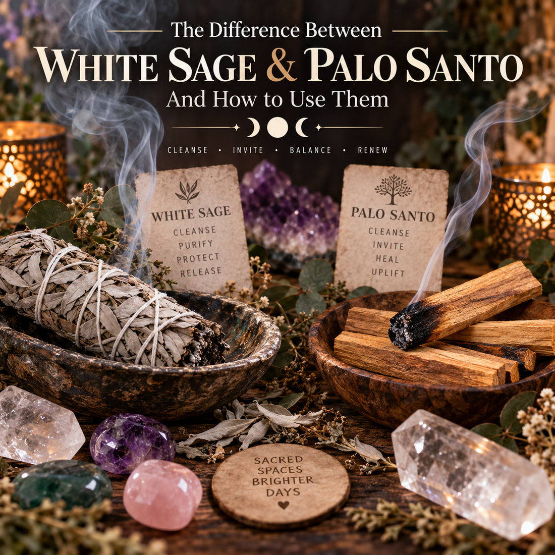 White Sage vs Palo Santo guide for smoke cleansing and spiritual ritual