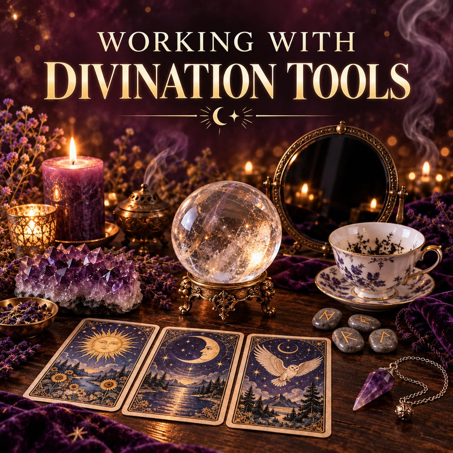 Divination tools including tarot cards, oracle cards, pendulums and runes