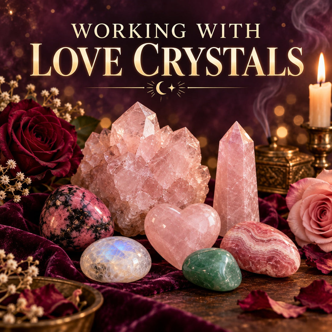 Best crystals for love including Rose Quartz, Rhodonite, Moonstone and Garnet