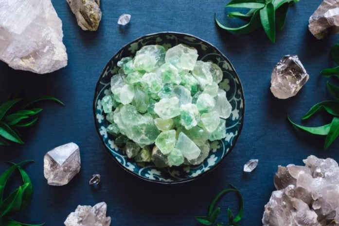 Green Aventurine crystals and jewellery collection