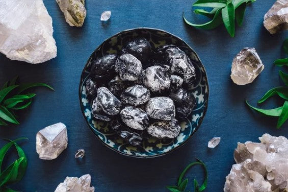 Obsidian crystals and jewellery collection