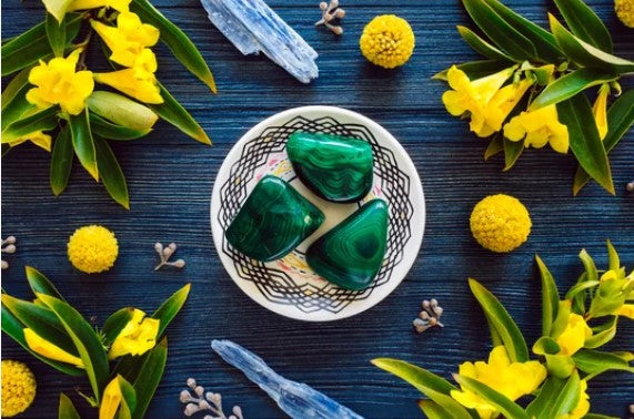 Malachite crystals and jewellery collection