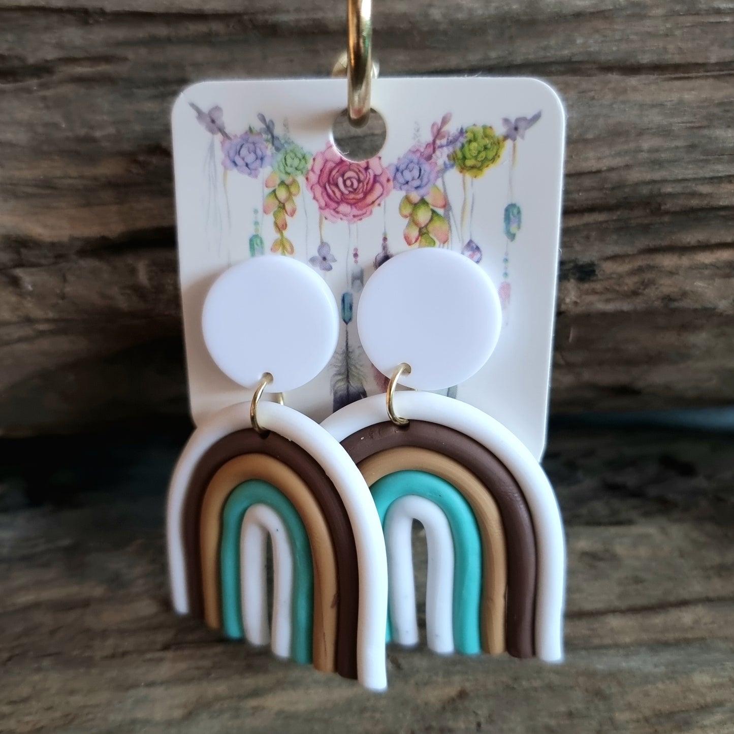 WHITE & BROWN CLAY RAINBOW EARRINGS