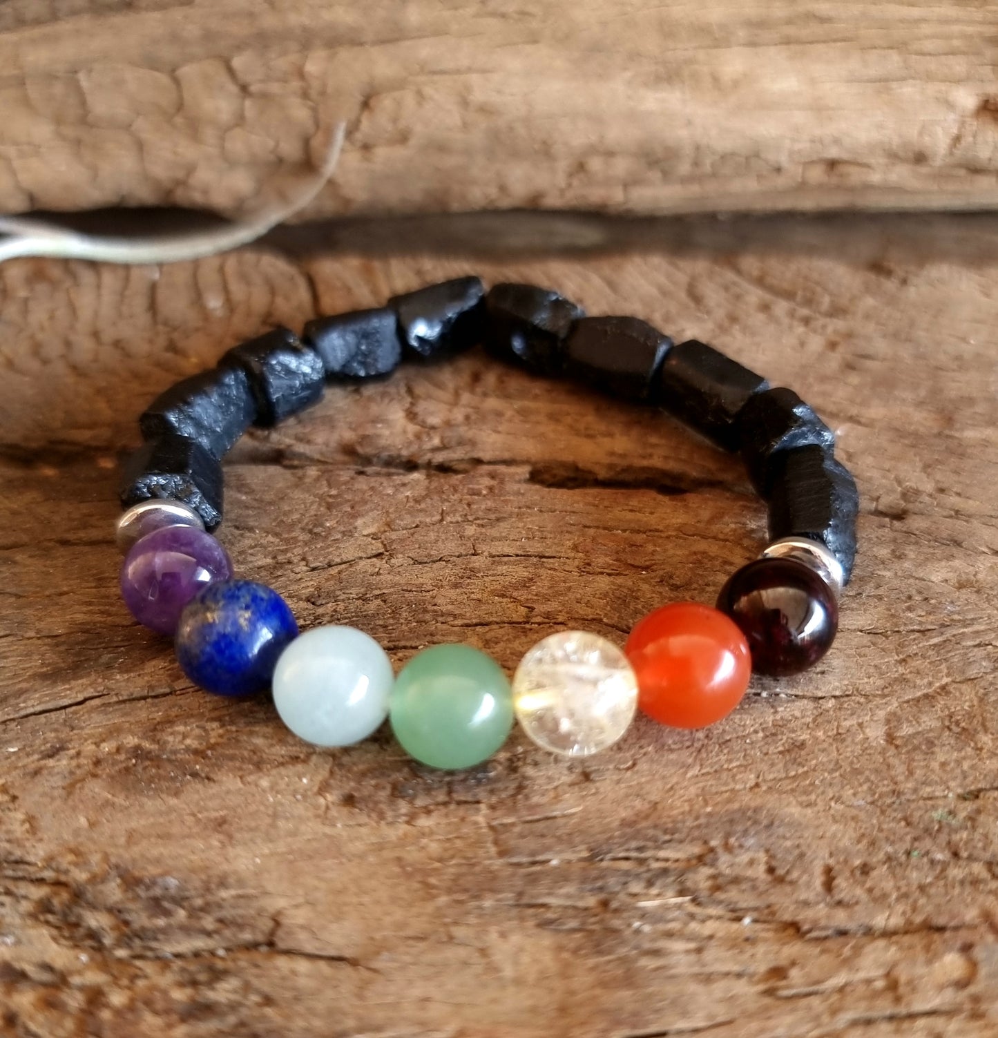 BLACK TOURMALINE 7 CHAKRA BRACELET 8mm