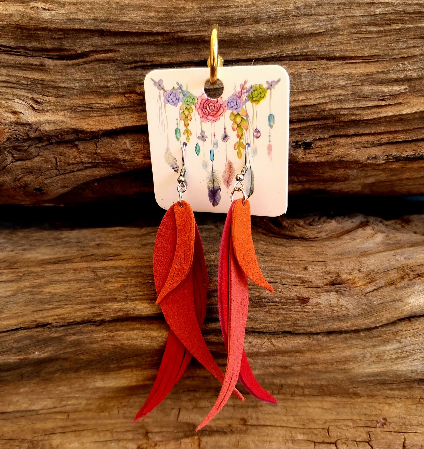 RED AND ORANGE FEATHER LEATHER EARRINGS