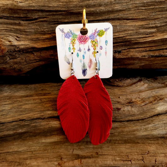 RED LEATHER LEAVE EARRINGS