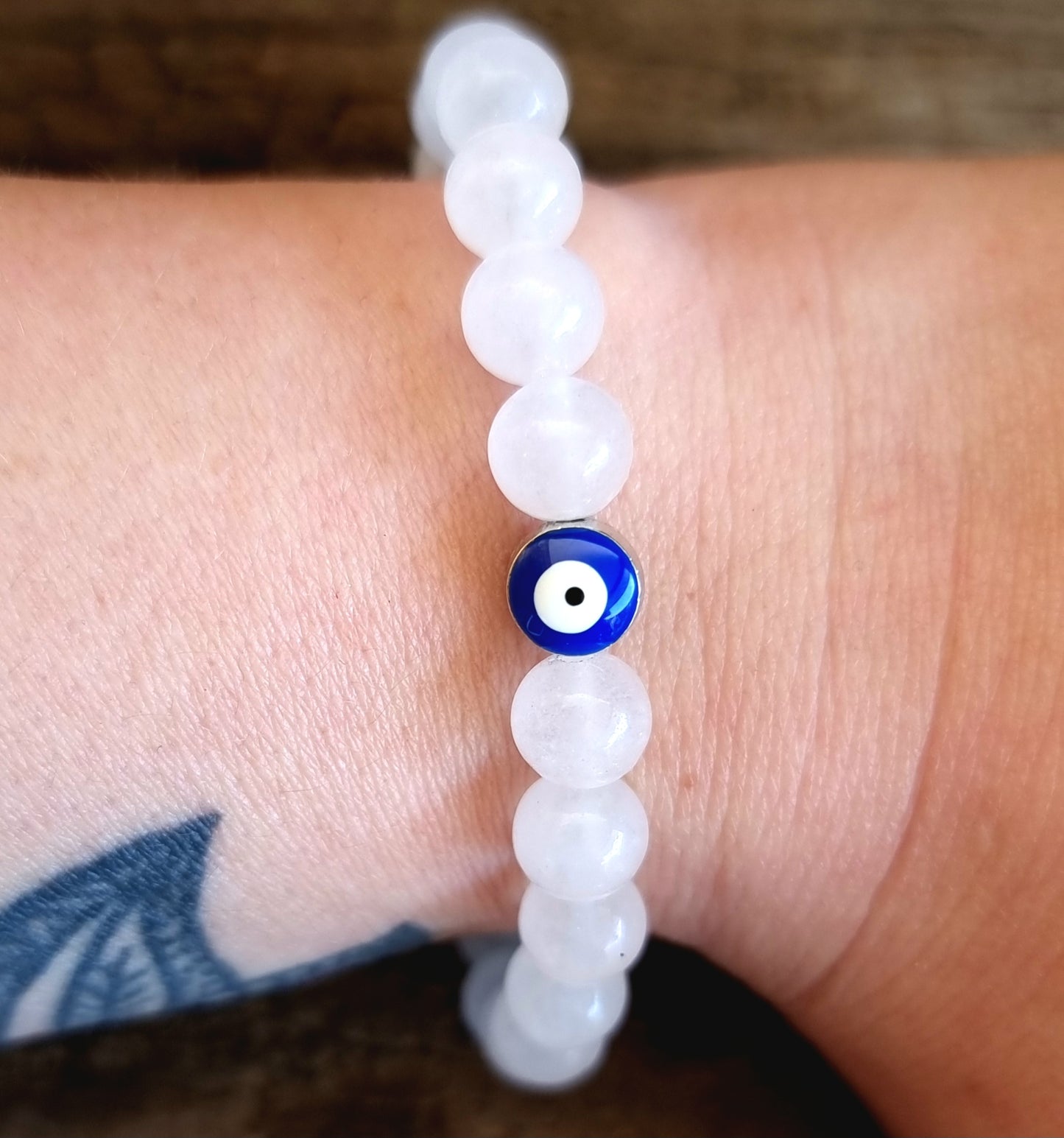 ROSE QUARTZ EVIL EYE BRACELET 8mm - LOVE AND PROTECTION