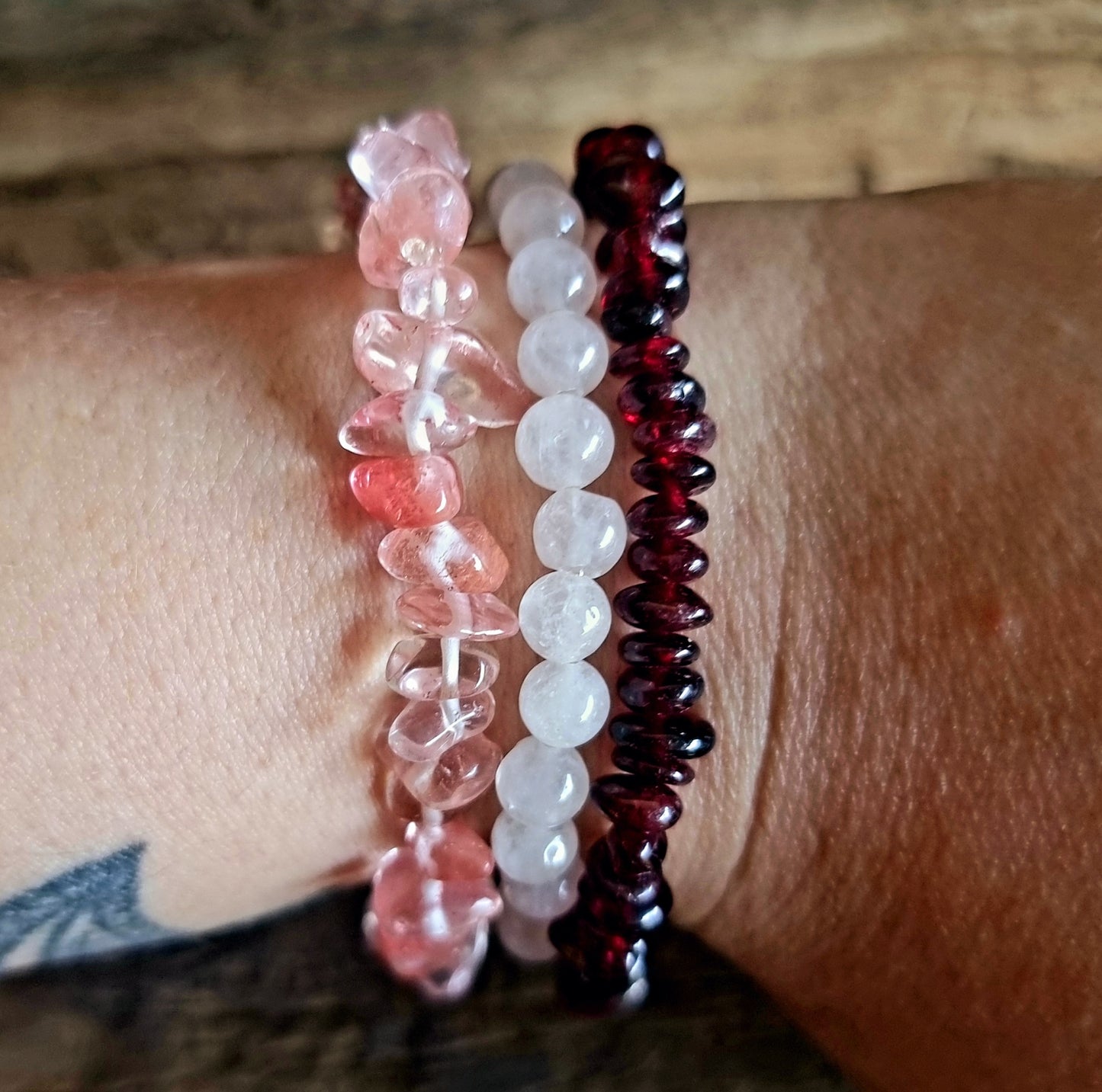 LOVE BRACELET STACK - GARNET, ROSE AND STRAWBERRY QUARTZ