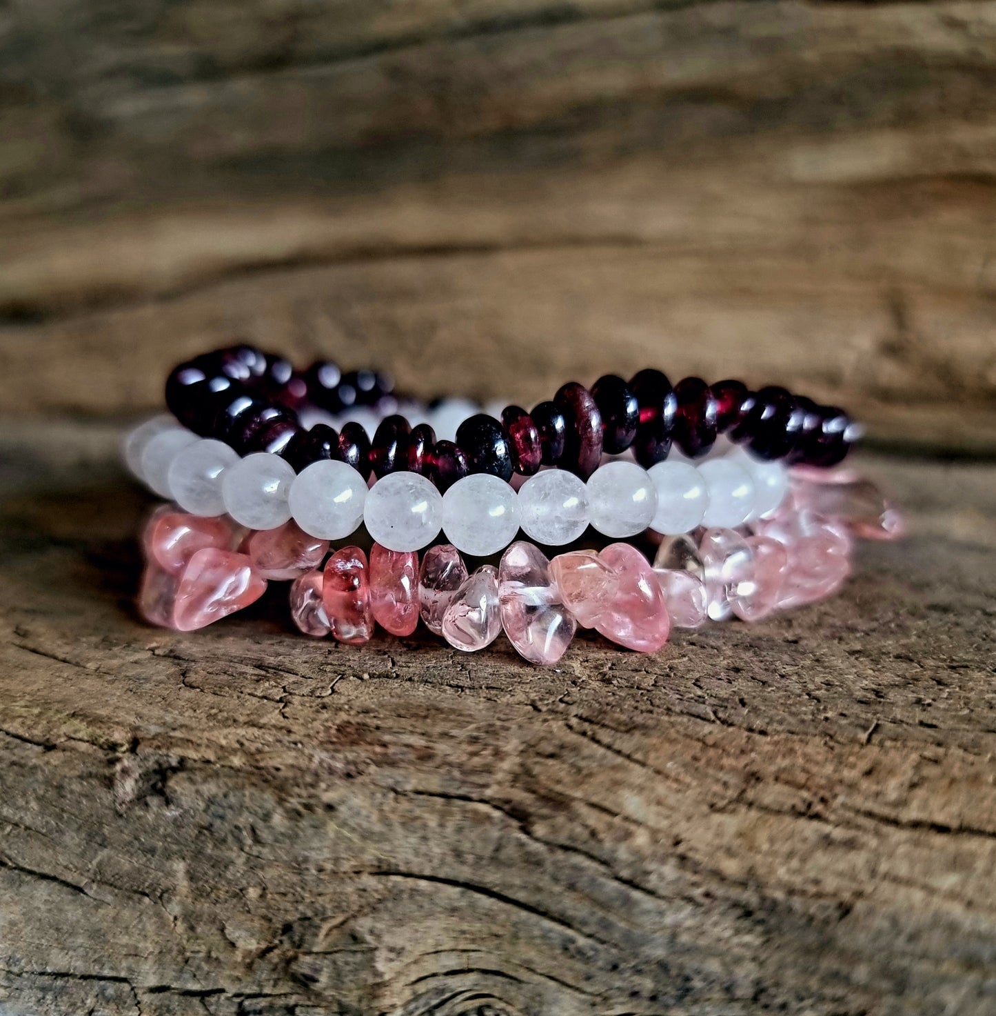 LOVE BRACELET STACK - GARNET, ROSE AND STRAWBERRY QUARTZ