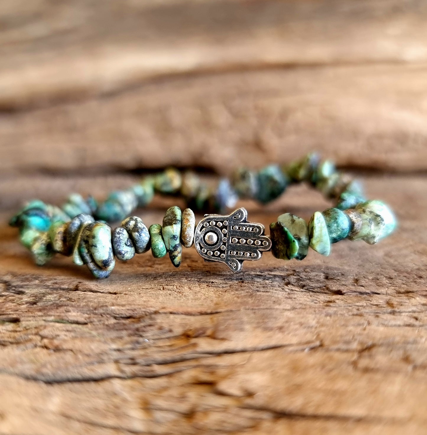 AFRICAN TURQUISE JASPER CHIPPED HAMSA BRACELET - THIRD EYE STONE