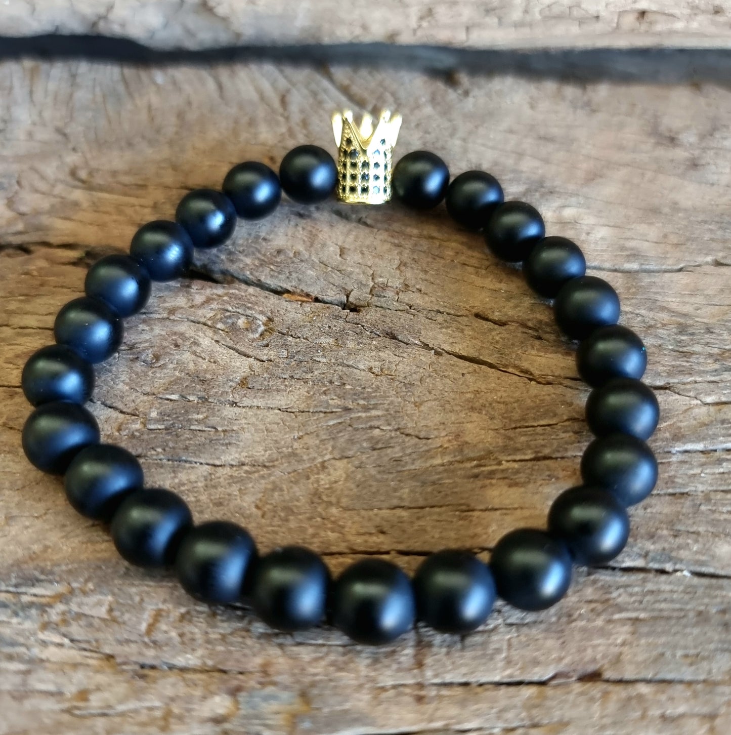 BLACK OBSIDIAN MATT BRACELET WITH CROWN 8mm - PROTECTION