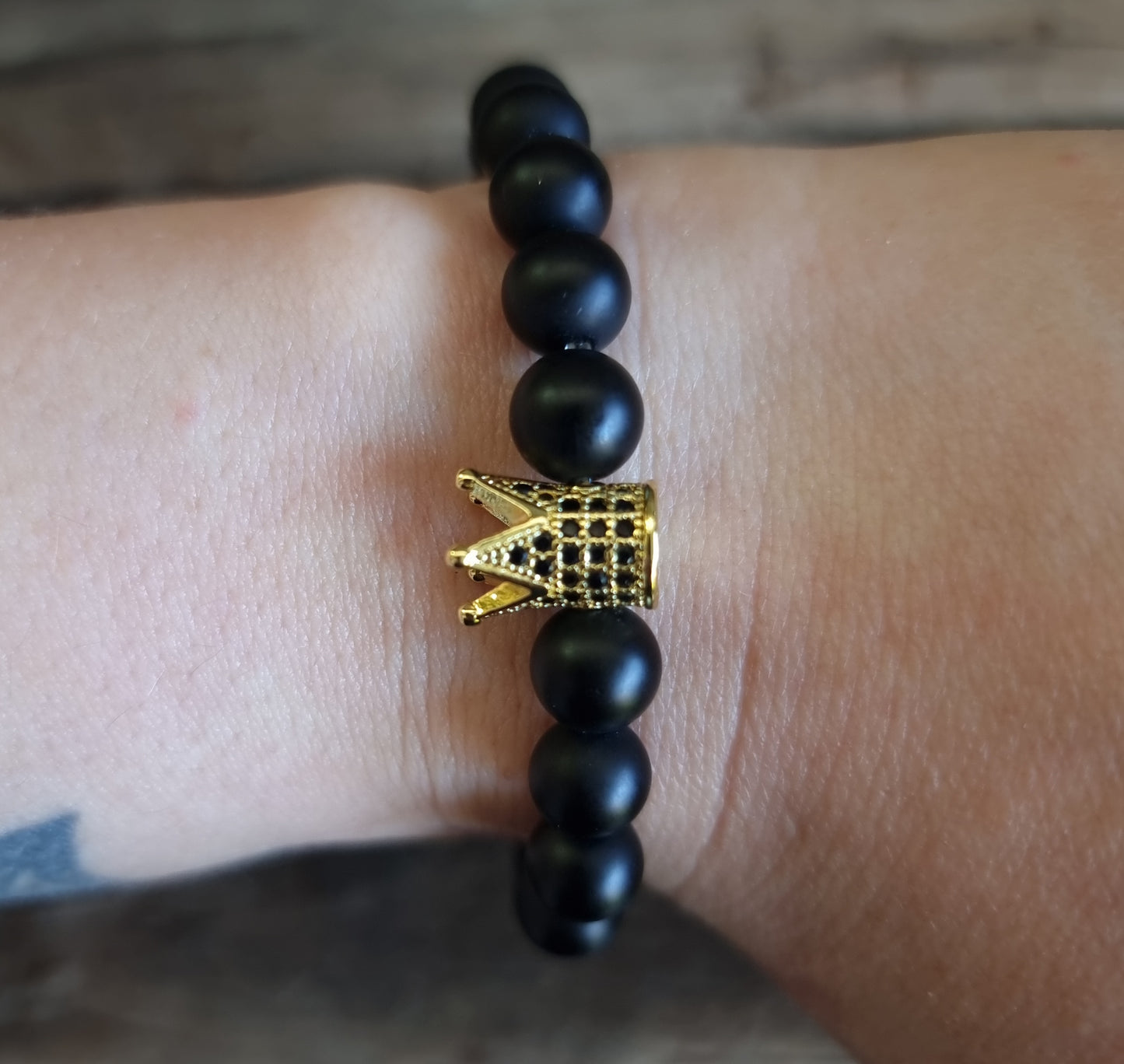 BLACK OBSIDIAN MATT BRACELET WITH CROWN 8mm - PROTECTION