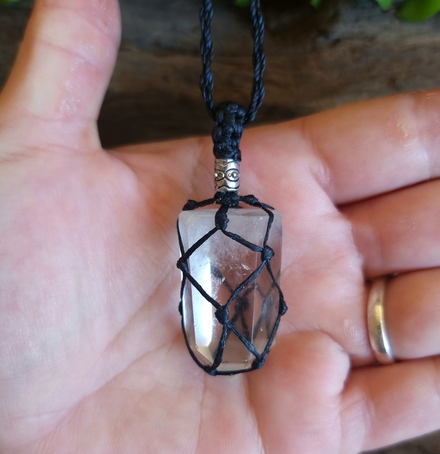 CLEAR QUARTZ TOWER POINT MACRAME NECKLACE - ENERGY GENERATOR