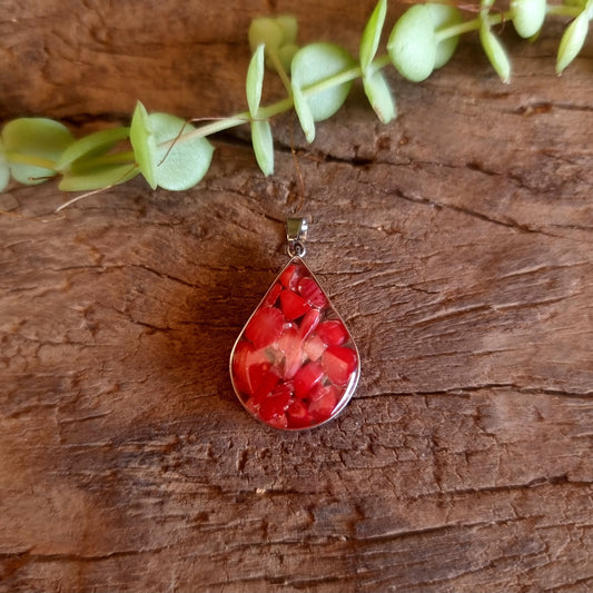 RED CORAL RESIN DROP PENDANT - GOOD FORTUNE