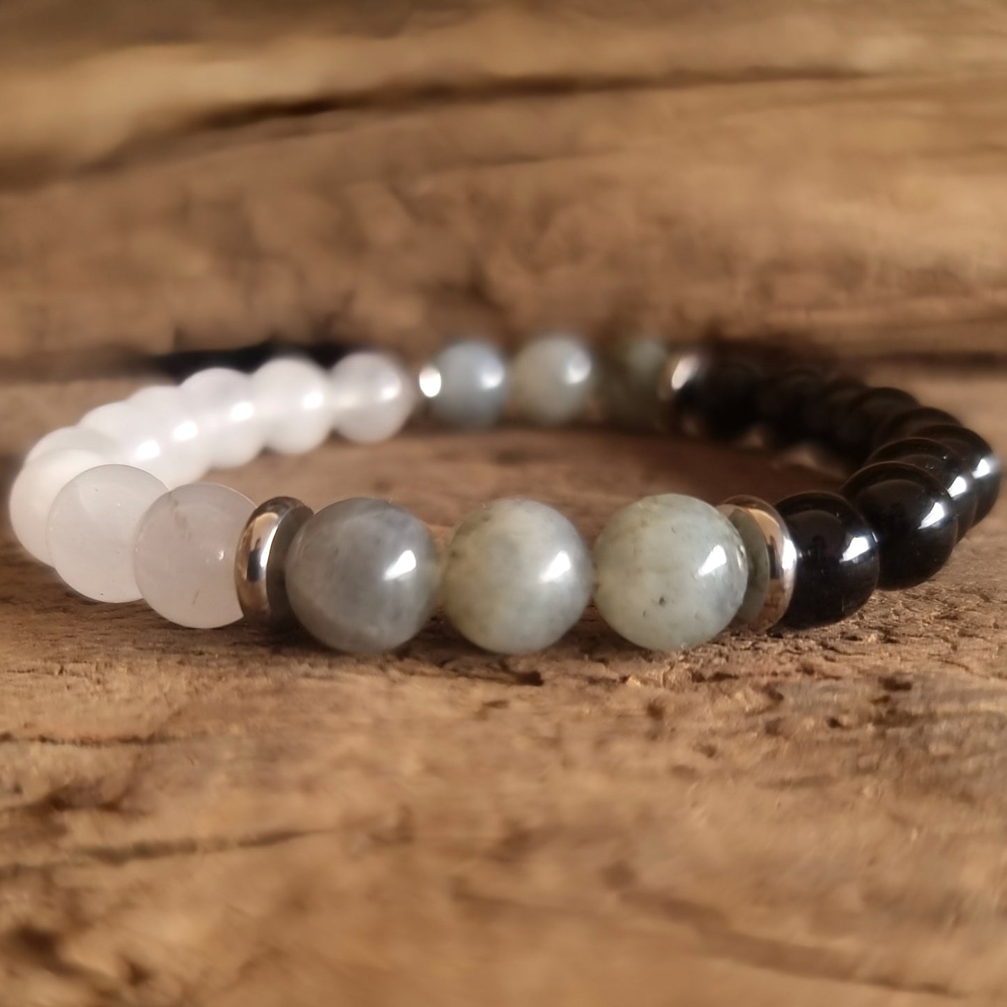 PSYCHIC PROTECTION BRACLET 8mm - CLEAR QUARTZ, LABRADORITE & TOURMALINE